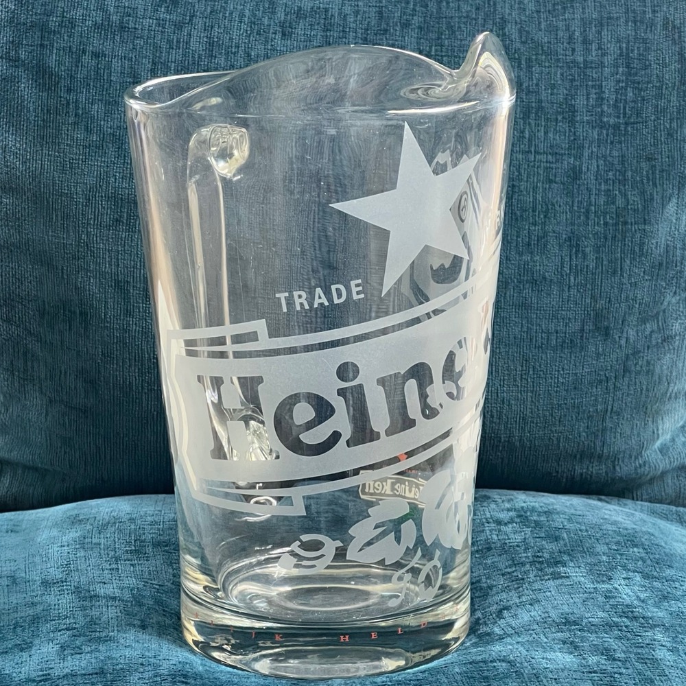 Heineken Glass Beer Pitcher Frosted Etched Logo Barware Clear Heavy Duty